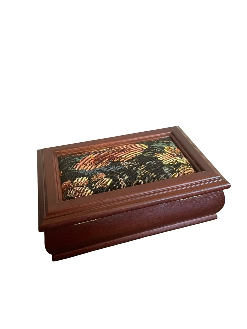 Vintage Wooden Jewelry Box Floral Tapestry Lid Mirror Removable Tray Brown